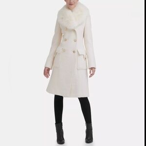NWT! Classic! Sz XL GUESS Ivory Faux-Fur Collar Double-Breasted Walker Coat